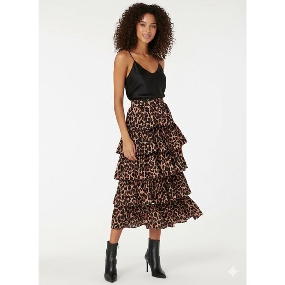 NWT J.Crew Ruffle Maxi in Brown Black Leopard Taffeta Midi Skirt 8 - Picture 2 of 5